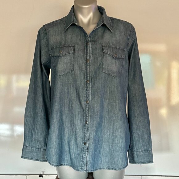 Liz Claiborne Petite Size PL Women Blue Denim Snap Front Shirt Long Sleeve Weste - Picture 3 of 16
